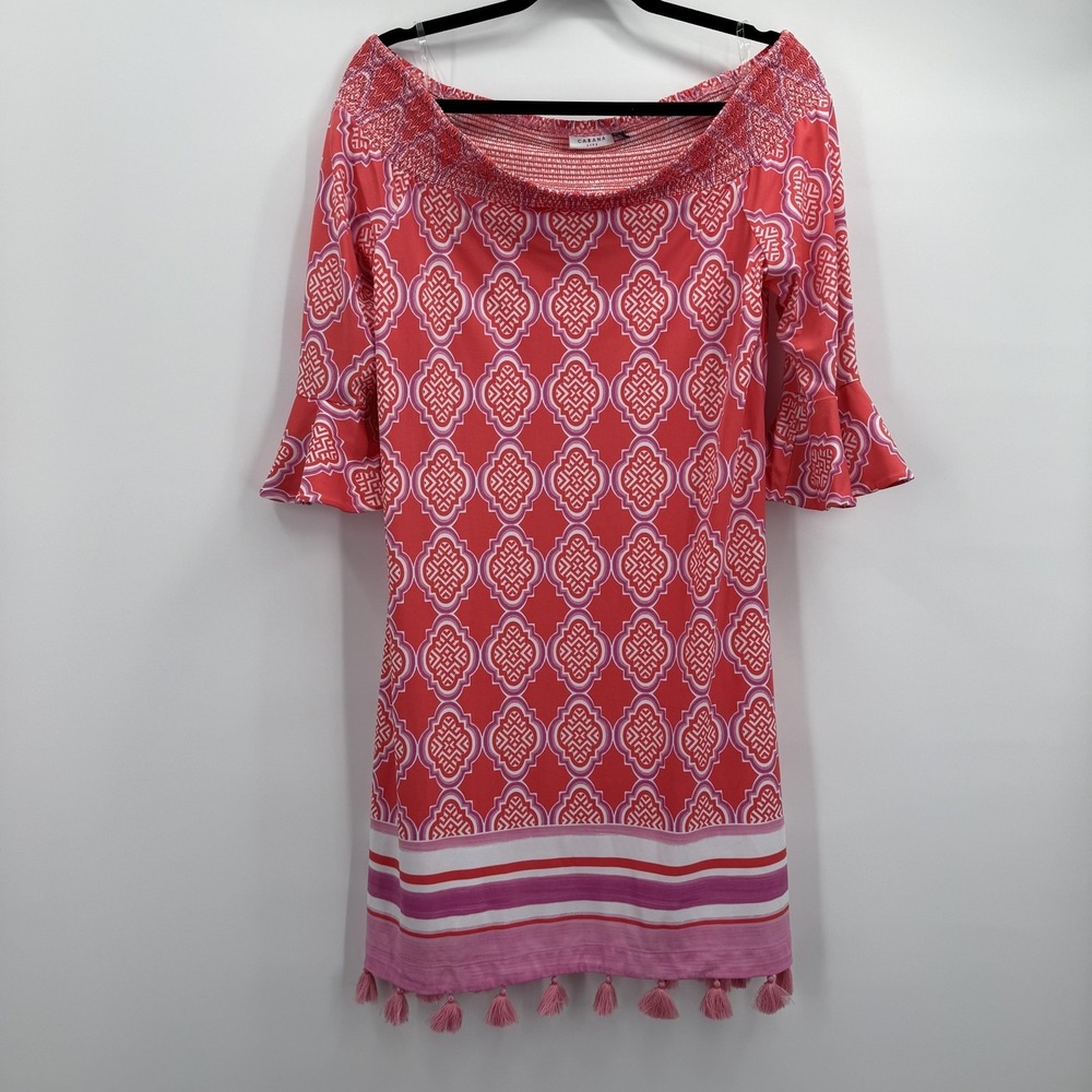 Cabana Life Dress Womens Large Pink Geometric‎ Off Shoulder Tassel Bell Sleeve